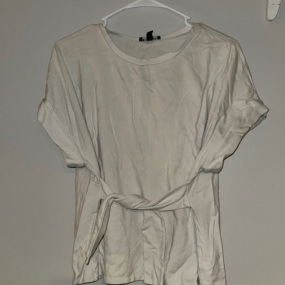 Cream Cuffed Sleeve Tie Front T-Shirt